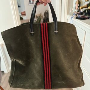 Clare V Simple Tote - Army Green Suede with Stripe Detailing